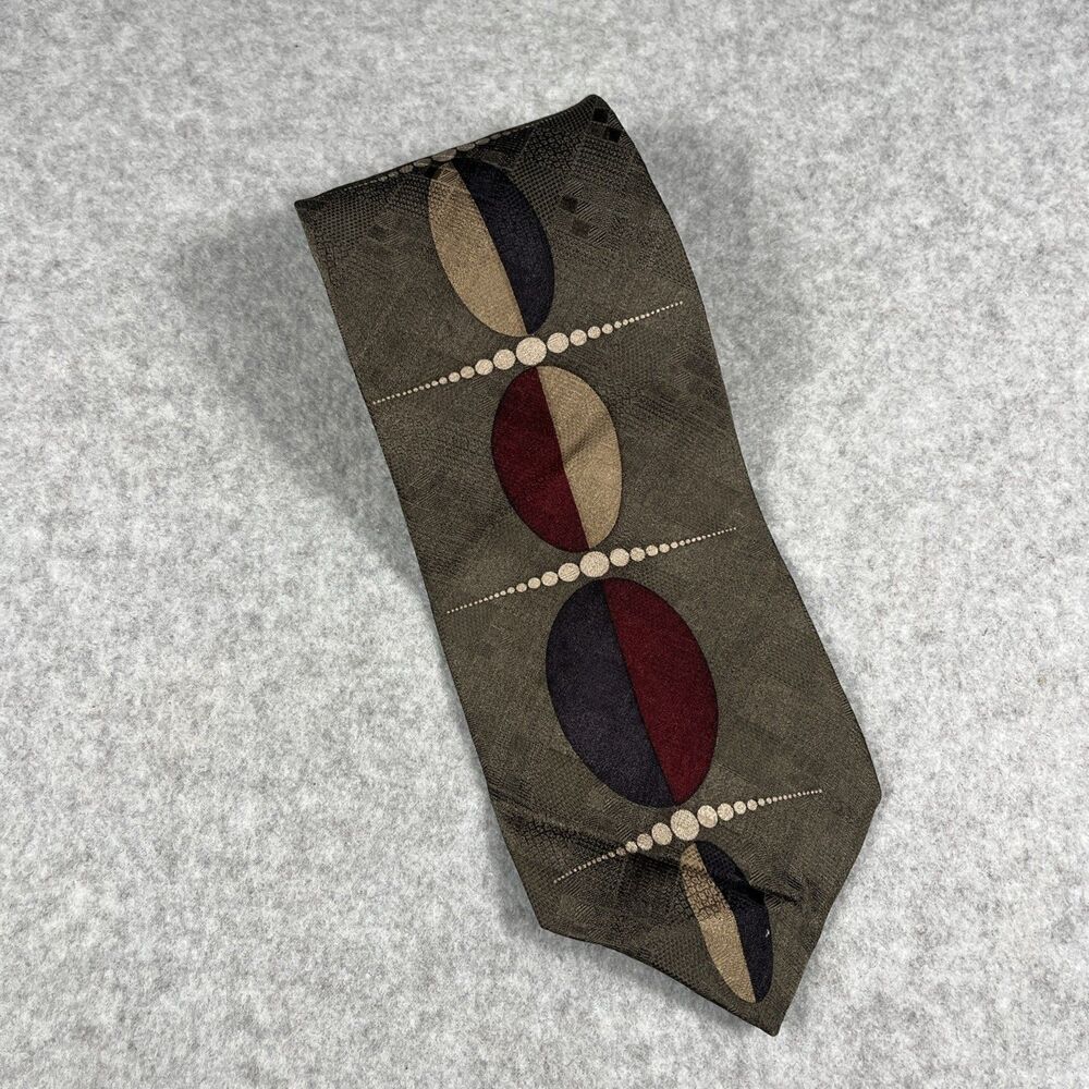 Kenneth Cole Reaction Necktie Olive Green Tan Burgundy Geometric Textured